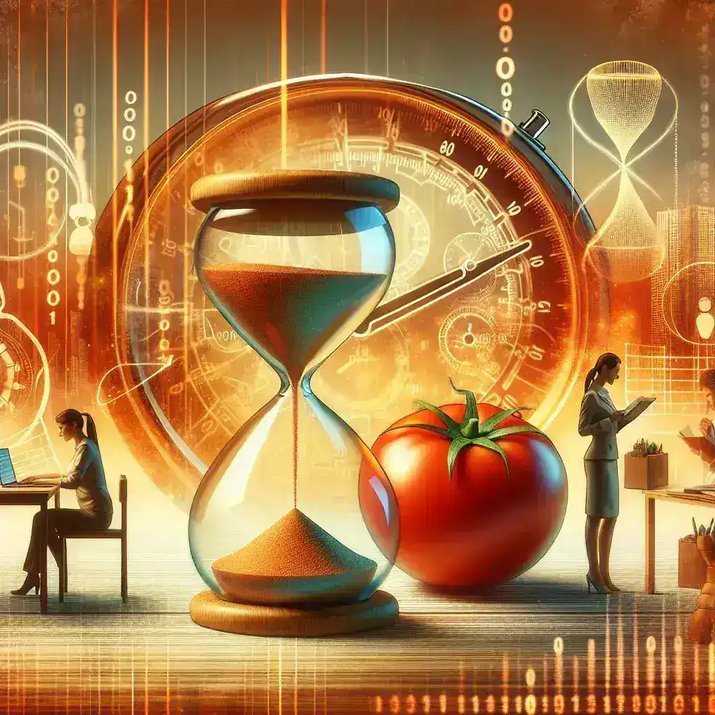 "Reloj de cocina y aplicación Toggl en pantalla, representando la técnica Pomodoro para mejorar la gestión del tiempo en tareas diarias."
